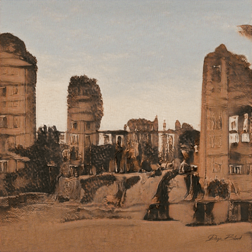 A sepia-toned landscape painting depicting ancient ruins with towering structures and small figures walking among them, with "DeepBlack" signed in the bottom right corner. The artwork corresponds to "DeepBlack #5403," an AI-generated piece by @DeepBlackAI that was just sold as an NFT for 0.205 WETH ($505 USD).