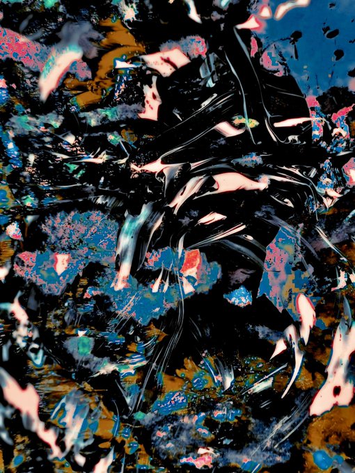 An abstract, chaotic digital artwork filled with swirling black, blue, pink, and orange colors and glossy, fluid-like textures.