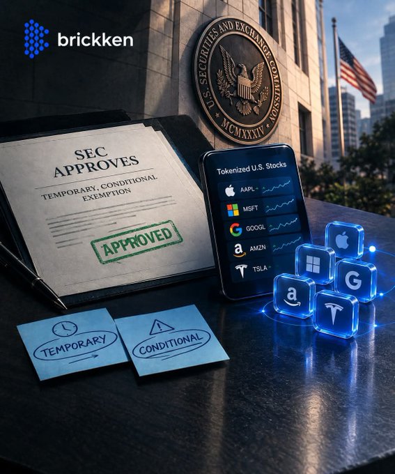 A promotional image from Brickken showing an SEC approval document for tokenized U.S. stocks, featuring logos for AAPL, MSFT, GOOGL, AMZN, and TSLA on a smartphone next to glowing cube icons.