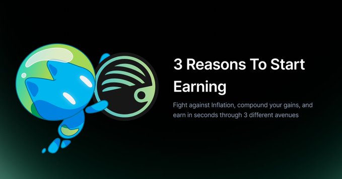 The image features a cartoon rocket orbiting a green planet alongside the headline **"3 Reasons To Start Earning"** and the subtext *"Fight against inflation, compound your gains, and earn in seconds through 3 different avenues."*

It visually reinforces the post's message by depicting growth and momentum—symbolized by the rocket—while the headline introduces the idea of outpacing inflation (the shrinking dollar) and compounding yield through platforms like JupUSD's 5.3% APY.
