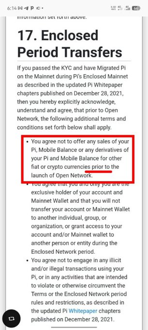 A mobile screenshot of the Pi Network's Enclosed Period Transfers terms, with a red box highlighting an agreement clause about not selling Pi or Mobile Balance before the Open Network launch.