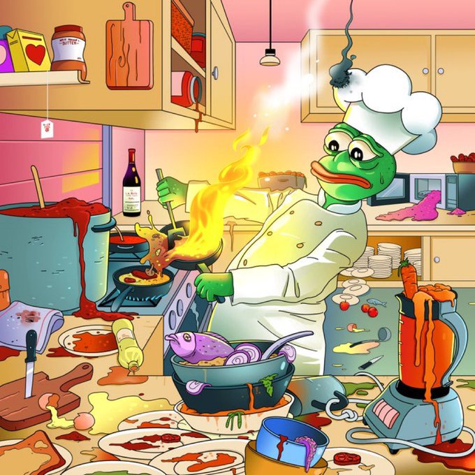 A cartoon illustration titled 'NOBODY CARES' (in the watermark) showing a green frog chef in a white hat cooking flaming food in a wildly messy kitchen filled with spilled liquids, dirty dishes, and chaos.