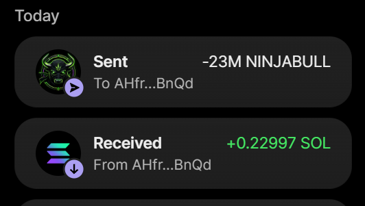 A transaction screenshot showing 23M $NINJABULL sent and +0.22997 SOL received from address AHfr...BnQd, confirming the completion of the 23 million $NINJABULL purchase as referenced in the promotional post.