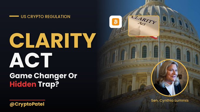 The image features a woman with blonde hair wearing a white shirt, standing next to a large building that has a dome top. The text "CLARITY ACT UPDATE" is displayed at the bottom of the image, indicating an update or change related to the clarity act.
