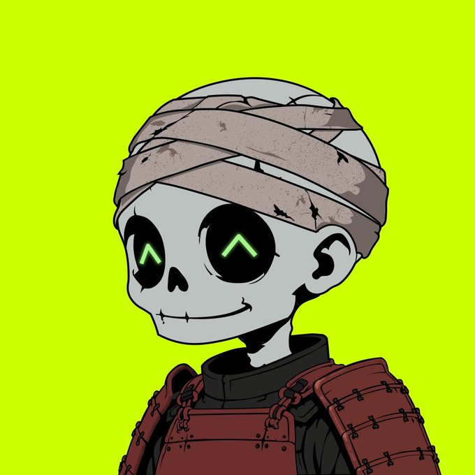 A cartoon illustration of a skeleton character with glowing green upward arrow eyes, wrapped in bandages on its head and wearing red samurai-style armor against a bright yellow-green background.