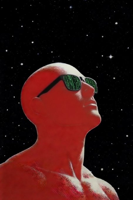 A red humanoid figure wearing digital Matrix-style sunglasses gazes upward against a starry black space background.