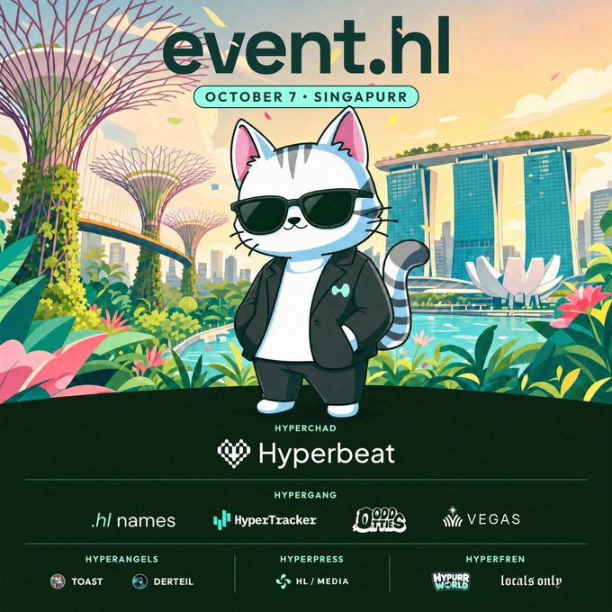 A promotional poster for an event called 'event.hl' on October 7 in Singapore, featuring an illustration of a cat wearing sunglasses and a suit against a Singapore skyline backdrop, with sponsors like Hyperbeat and HyperTracker listed below.