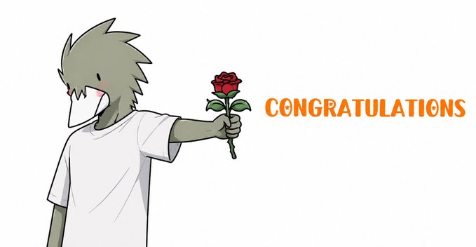 An anime-style illustration of a green-haired character in a white t-shirt offering a red rose, with orange text reading 'CONGRATULATIONS' beside them.