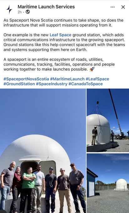 A Facebook post from Maritime Launch Services shows photos of the Leaf Space ground station installation in Nova Scotia, with text explaining how ground stations support spacecraft communications.