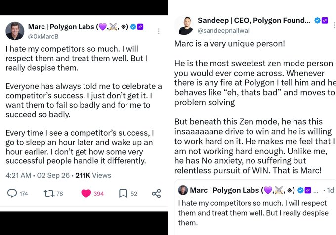 Two tweets are shown: one from Marc (@OxMarcB) saying 'I hate my competitors so much...' and another from Sandeep (@sandeepnailwal) praising Marc's character and drive to win.