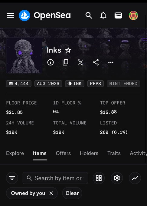An OpenSea web page for the 'Inks' NFT collection, displaying 4,444 items, a floor price of $21.85, 24H volume of $19K, and 269 items listed.