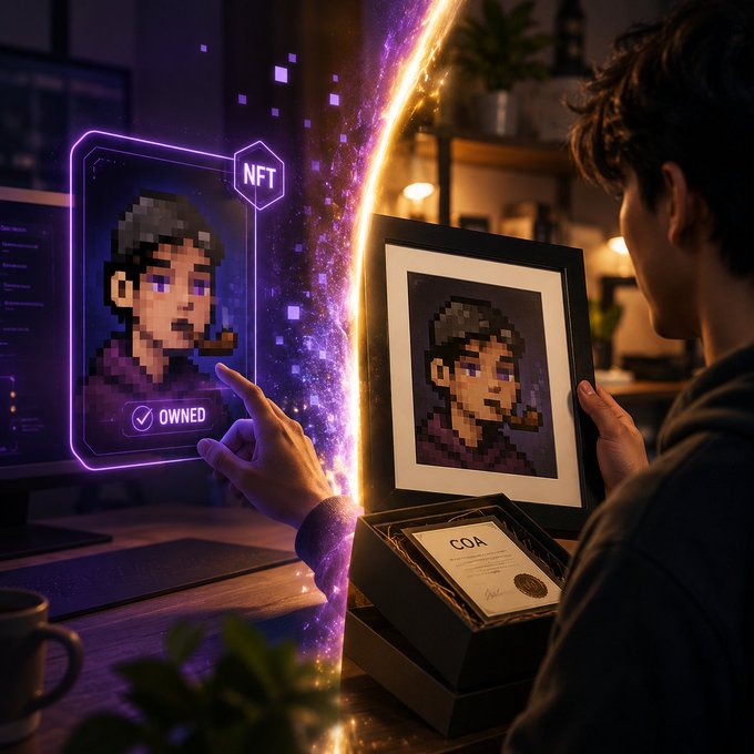 A person holds a framed pixel-art portrait alongside a digital NFT version displayed on a screen with an "OWNED" checkmark and "NFT" label, while a "COA" (Certificate of Authenticity) box sits on the desk—visually representing the hybrid digital and physical ownership concept the post highlights about @NofuHub NFTs.