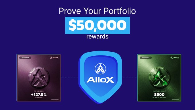 The image features two green and purple boxes with a shield design on them, each containing a reward card for users who prove their portfolio. One of the rewards cards has an AlloX logo on it, indicating that this particular reward is related to the AlloX platform. The text in the image suggests that there are two different ways to earn these rewards: by showing off your portfolio and by using a specific reward card designed for users who prove their portfolio's performance.