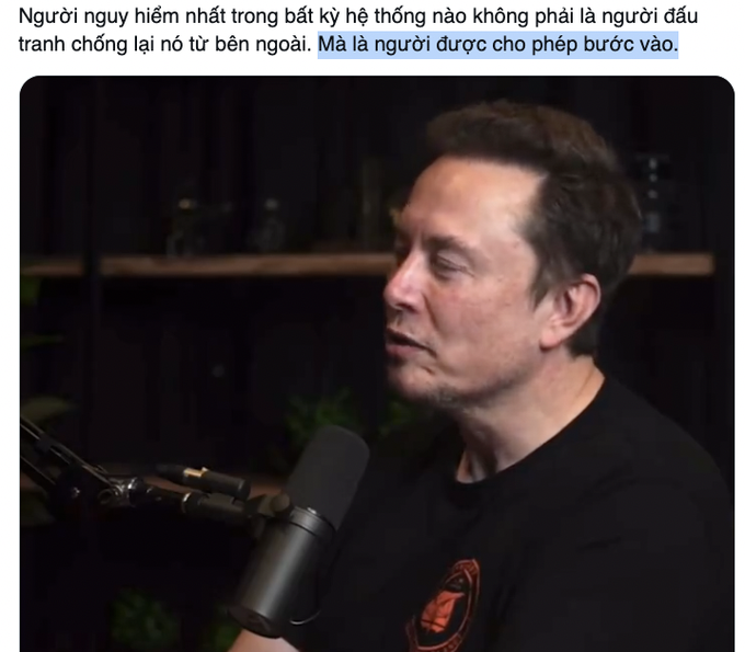 Elon Musk speaks into a microphone during a podcast interview, with Vietnamese text above reading: "The most dangerous person in any system is not the one fighting it from the outside, but the one allowed to enter."

The image illustrates the post's point about insider threats to Pi Node's distributed network—Musk's quote reinforces the warning that internal actors (fake or coordinated nodes) pose greater risk to consensus than external attacks.