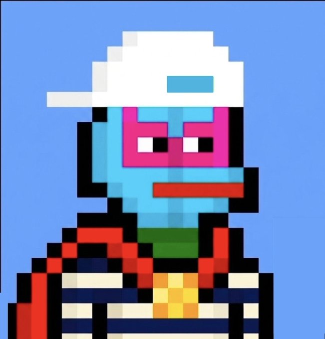 A pixel art character with a white cap, cyan and pink face, red nose, and striped shirt is depicted against a blue background.