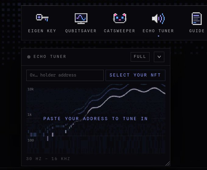 A "FULL" view of the **Echo Tuner** interface on Quip Network displays tabs for Eigen Key, QubitSaver, CatSweeper, Echo Tuner, and Guide, with a prompt to enter a "0x… holder address" and "SELECT YOUR NFT" above a waveform graph visualizing audio frequencies between 30 Hz – 16 kHz, illustrating how holders can interact with their QFT NFTs as described.
