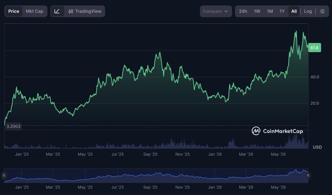 A CoinMarketCap price chart showing Hyperliquid (HYPE) climbing from a low of $3.2003 in early 2025 to a recent peak of $61.80 by mid-2026, illustrating the massive gains the post suggests were missed.
