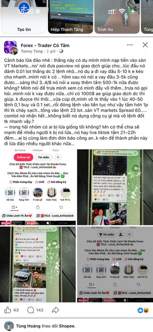 A screenshot of a Facebook post from 'Forex - Trader Cổ Tấm' in a forex trading group, warning about dangerous market spread widening and showing various trading screenshots from TikTok.