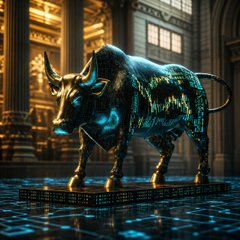 A glowing holographic bull statue stands triumphantly on a digital platform, symbolizing the bullish momentum of Bitcoin as it approaches the $80K milestone and sparks optimism for an emerging crypto bull market.