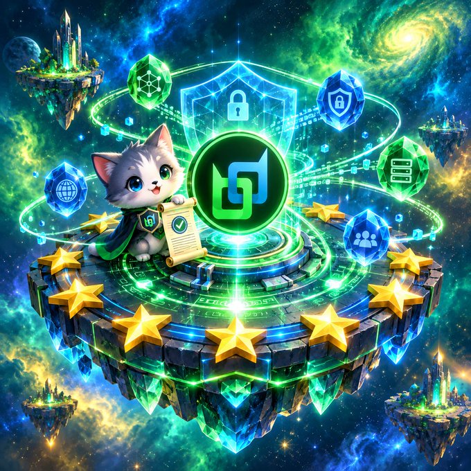 A digital illustration featuring a cute gray and white cat character with a certificate, surrounded by glowing green shield icons, security symbols, and stars on a floating platform against a cosmic background.