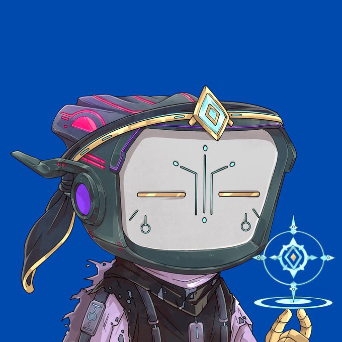 An illustration of a character wearing a futuristic, screen-like helmet with circuit patterns, holding a glowing magical symbol against a solid blue background.