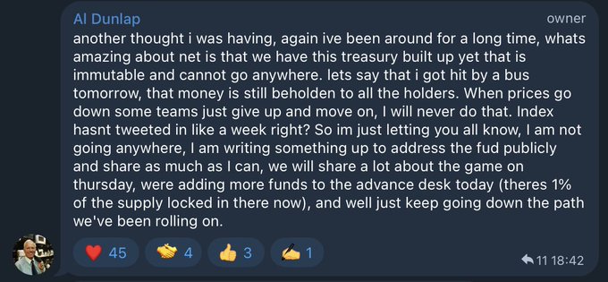 A Discord message from owner 'Al Dunlap' addressing community concerns, discussing an immutable treasury, not selling holdings, and mentioning fund additions to an 'advance desk', with 45 hearts, 4 claps, 3 thumbs up, and 1 '1k' reaction.