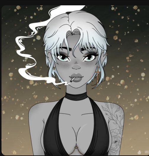 An anime-style illustration of a woman with short white hair smoking a cigarette, wearing a black halter top and a cross earring, set against a golden bokeh background.