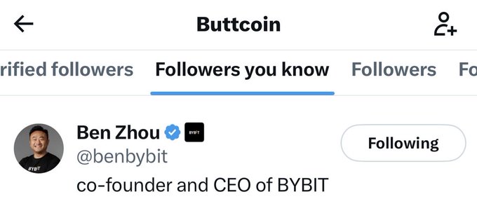 ?"& @Buttcoin by Ben Zhou, @Bybit @CEO of Bybit", the focus is on Ben's role as both a cryptocurrency enthusiast and a Bybit official.