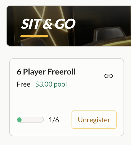 The image shows a screenshot of a mobile game screen that displays a "6 Player Freeroll" invitation, offering $3 worth as the prize pool for participating. There are three rows of chairs with yellow color and black color seats arranged on the right side of the image, suggesting it is an indoor setting like a lounge or club. The main focus remains on the message about the freeroll promotion and the associated app details.