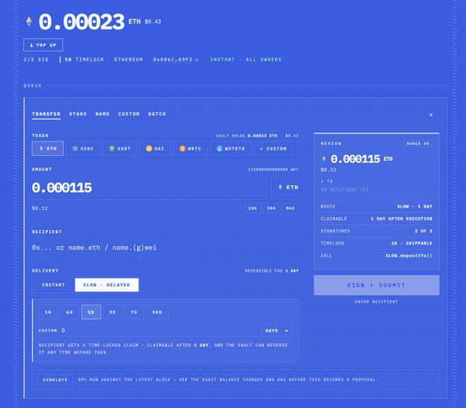 A screenshot of the Multisig software interface displays a transaction queue for a vault with 0.00023 ETH ($0.43) balance, showing a transfer of 0.000115 ETH ($0.22) being configured with a "Slow-Delayed" delivery option set to 1 day. The "Sign + Submit" panel on the right confirms a 2/3 signature requirement with 1-day clawback and execution time, illustrating the post's recommendation of using the free multisig tool to add delay-based security features to crypto self-custody.