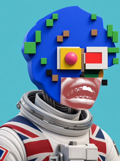 A surreal digital avatar in a spacesuit features a glitching, pixelated blue head with a photorealistic mouth and geometric block eyes, embodying the post's vision of art as a living, evolving system rather than a static profile picture. The fragmented, multicolor blocks overlaid on the face visually represent the dynamic layers of identity, community, and transformation that the creator @R3ORDR describes.