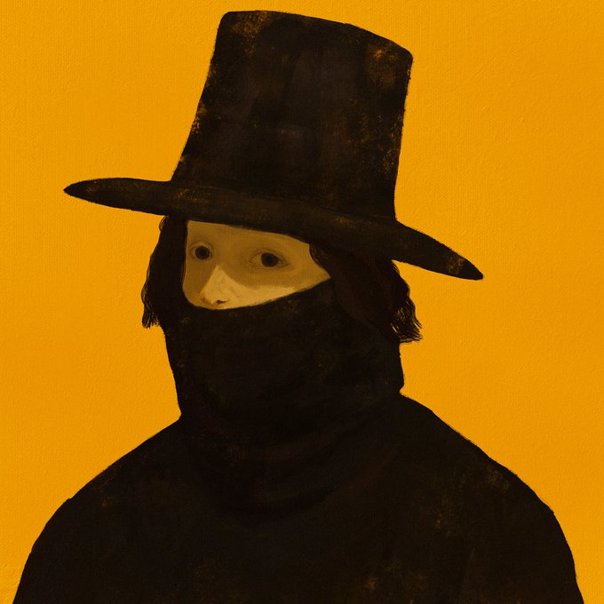 A stylized illustration featuring a figure in a large black top hat and dark cloak with a mask, revealing only wide, staring eyes against a solid mustard-yellow background.