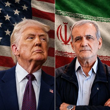 A split image showing two men in front of their respective national flags: Donald Trump on the left before the American flag, and Masoud Pezeshkian on the right before the Iranian flag.