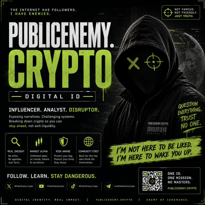 A dark promotional poster for 'PUBLICENEMY.CRYPTO' featuring a hooded figure with a digital visor, promoting their services as 'DIGITAL ID' with tagline 'I'm not here to be liked. I'm here to wake you up.'