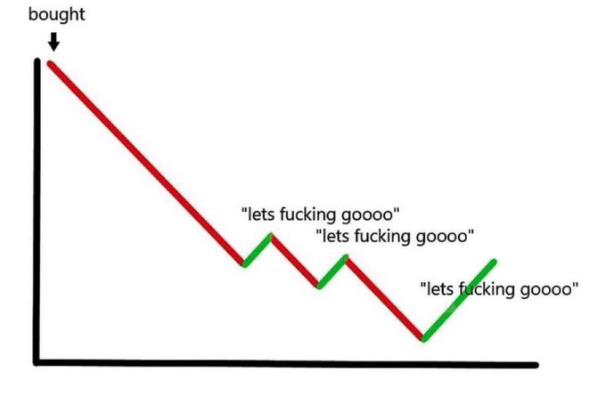 A meme line graph showing a cryptocurrency's price steadily declining since being "bought," with each small recovery bounce labeled "lets fucking goooo" in green, humorously contrasting the poster's excitement about a minor upward movement with the broader downtrend.