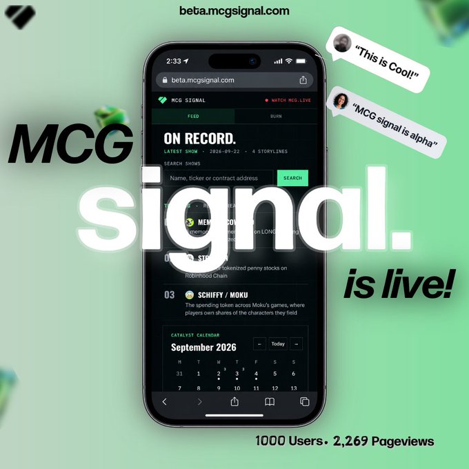 Promotional graphic for MCG Signal (beta.mcgsignal.com) showing a mobile mockup of the platform's "ON RECORD" feed featuring tickers like $SCHIFY / MOKU and a catalyst calendar, with the text "MCG signal. is live!" and metrics showing "1000 Users. 2,269 Pageviews," aligning with the post's announcement of the live platform for tracking catalysts and onchain projects.