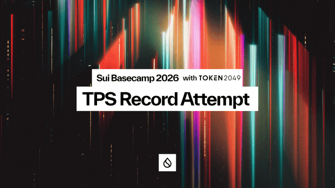 A stylized promotional image for "Sui Basecamp 2026 with TOKEN2049" announcing a "TPS Record Attempt," featuring the Sui logo and vibrant neon light streaks against a dark background, visually highlighting Sui's live transactions-per-second benchmark competition where participants can win 16,000 $SUI for the closest guesses.