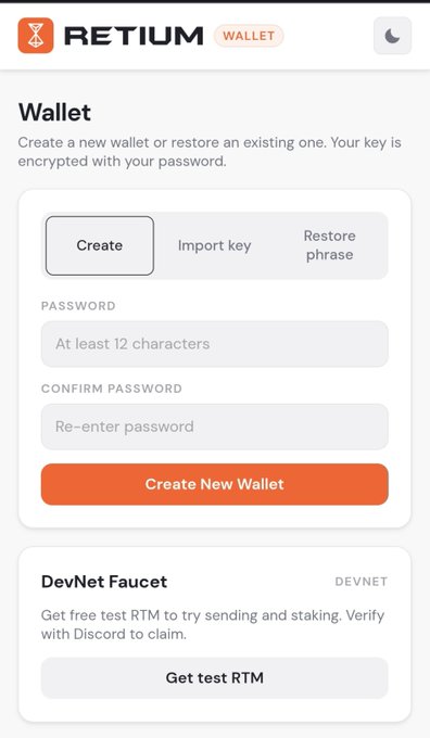 The image shows the Retium Wallet creation page with options to create a new wallet by entering a password (at least 12 characters) and confirming it, alongside a "DevNet Faucet" section where users can claim 5 $RTM test tokens daily, directly supporting the post's instructions on how to access and use the Retium faucet.