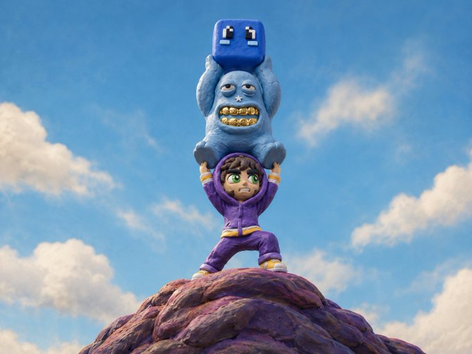 A stop-motion style illustration of a child in a purple hoodie lifting a blue, grimacing creature holding a blue cube above their head, standing on a purple rock formation against a cloudy blue sky.
