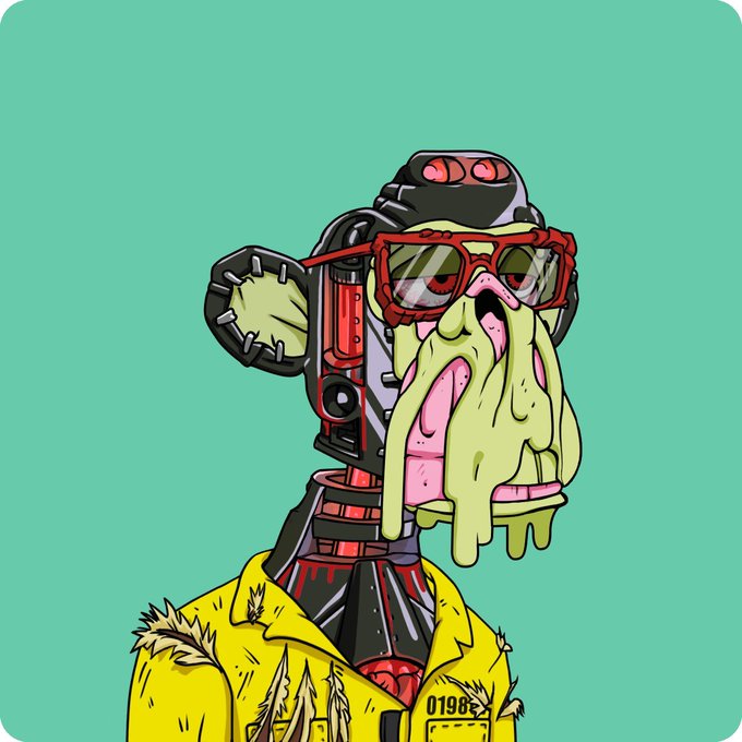 A stylized digital illustration of a cybernetic character wearing red goggles, a yellow shirt, and a robotic head with visible mechanical parts, set against a teal background.