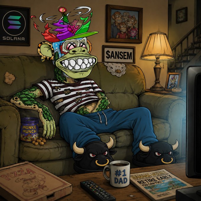 A cartoon Bored Ape-style NFT character lounges on a worn couch surrounded by Solana branding, $ANSEM signage, and a "#1 DAD" mug, while wearing bull slippers—visually representing the stubborn "ignore" mentality described in the post about missing $ANSEM's rise from 2M to 20M market cap.