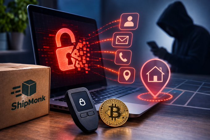 The image depicts a hacker in the background breaching security on a laptop displaying a broken padlock, with arrows extracting personal data icons (contact, email, phone, and location) alongside a ShipMonk-branded shipping box, a Trezor hardware wallet, and a Bitcoin. It visually represents how the recent ShipMonk data leak exposed customer contact information, raising concerns that leaked addresses could enable physical attacks on cryptocurrency holders—even though their Trezor wallets remained secure.