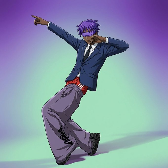 A 3D animated character with purple hair and a purple blindfold strikes a dynamic dance stance in a blue blazer, baggy purple pants with 'TWIST' written on the leg, and red underwear showing.