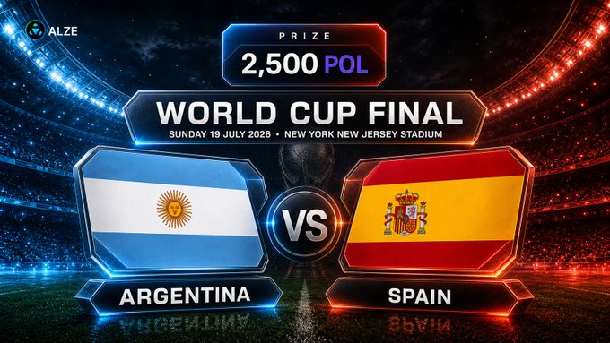 Promotional graphic for a World Cup Final match between Argentina and Spain at the New York New Jersey Stadium on Sunday, 19 July 2026, featuring a prize of 2,500 POL and the Alze logo.