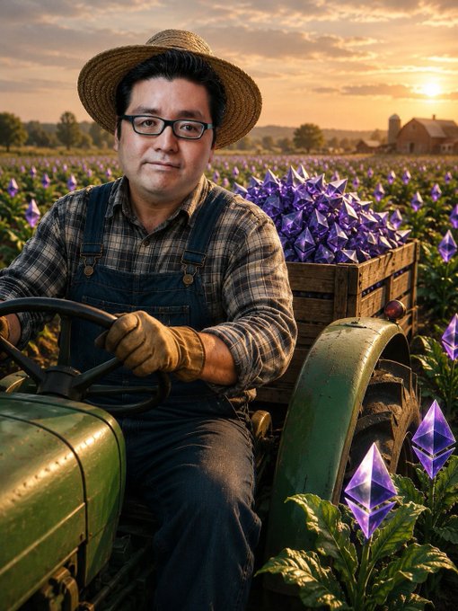 A digital illustration depicts a man in glasses, denim overalls, and a straw hat driving a green tractor through a field of plants bearing purple, gem-like crystals at sunset.