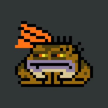 A low-resolution pixel-art character resembling a brown, beaver-like warrior with glowing red eyes, large front teeth, and a trail of orange fire or sparks moving leftward.