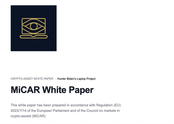 A webpage header with a dark blue logo featuring a gold eye/laptop icon, displaying a 'MiCAR White Paper' about Hunter Biden's Laptop Project, prepared under EU Regulation 2023/1114 on crypto-assets.