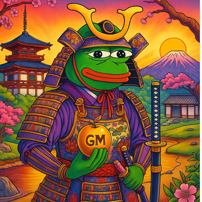 A colorful illustration of Pepe the Frog dressed as a samurai in purple and gold armor, holding a golden apple labeled 'GM' with Mount Fuji, a pagoda, and cherry blossoms in the background.