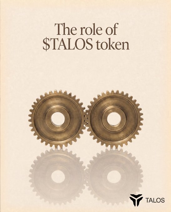 The image shows a title slide reading "The role of $TALOS token" above two interlocking brass gears with their reflection below, with the Talos logo in the bottom right corner—visually representing the mechanical, utility-driven role of the $TALOS token as the operational unit that denominates LLM token usage within Talos's network.