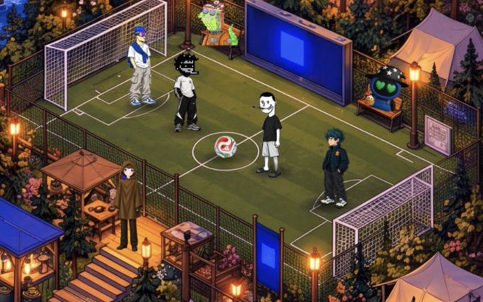 An isometric pixel art illustration of a small enclosed soccer field where several characters, including SpongeBob, are gathered, with a gazebo, tents, and lanterns in the surrounding area.